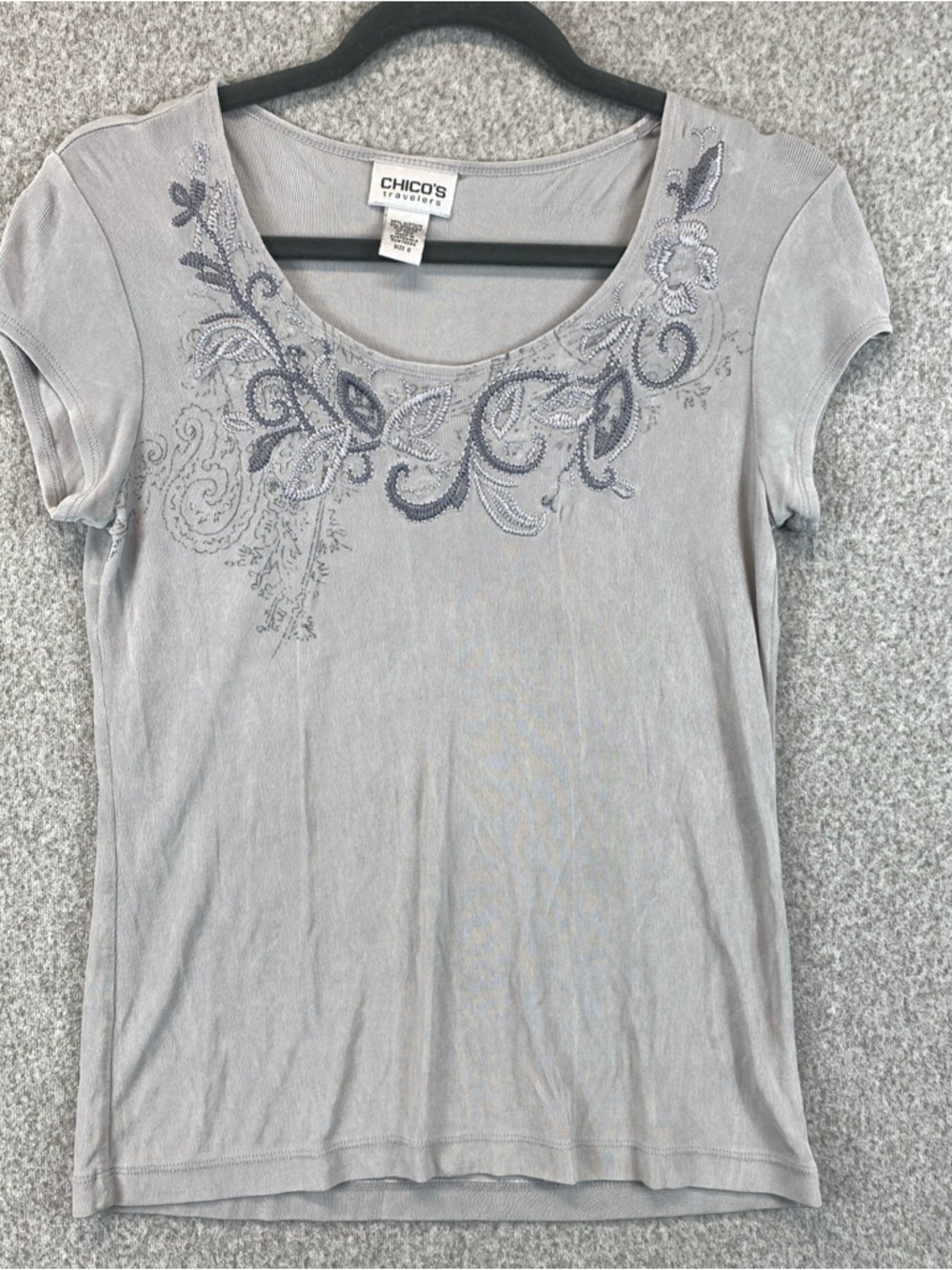 Chico’s liquid knit top t-shirt size S embroidered scoop neck smoke gray travel